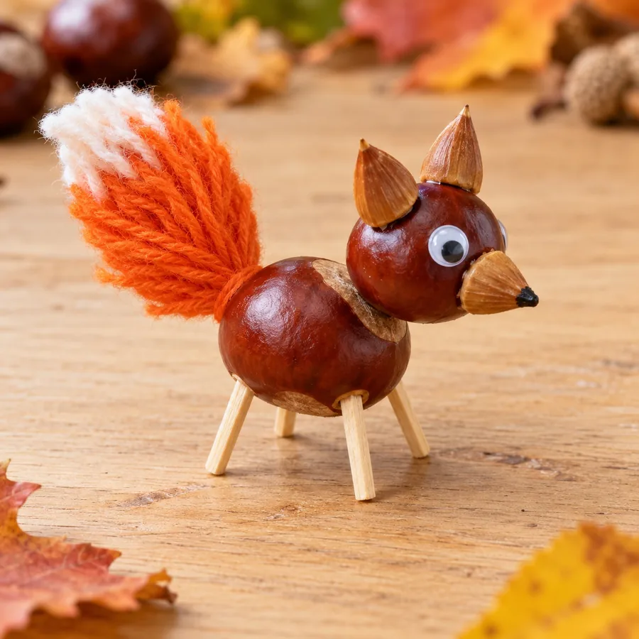 Chestnut fox on matchstick legs with beechnut ears and snout and a tail of orange yarn