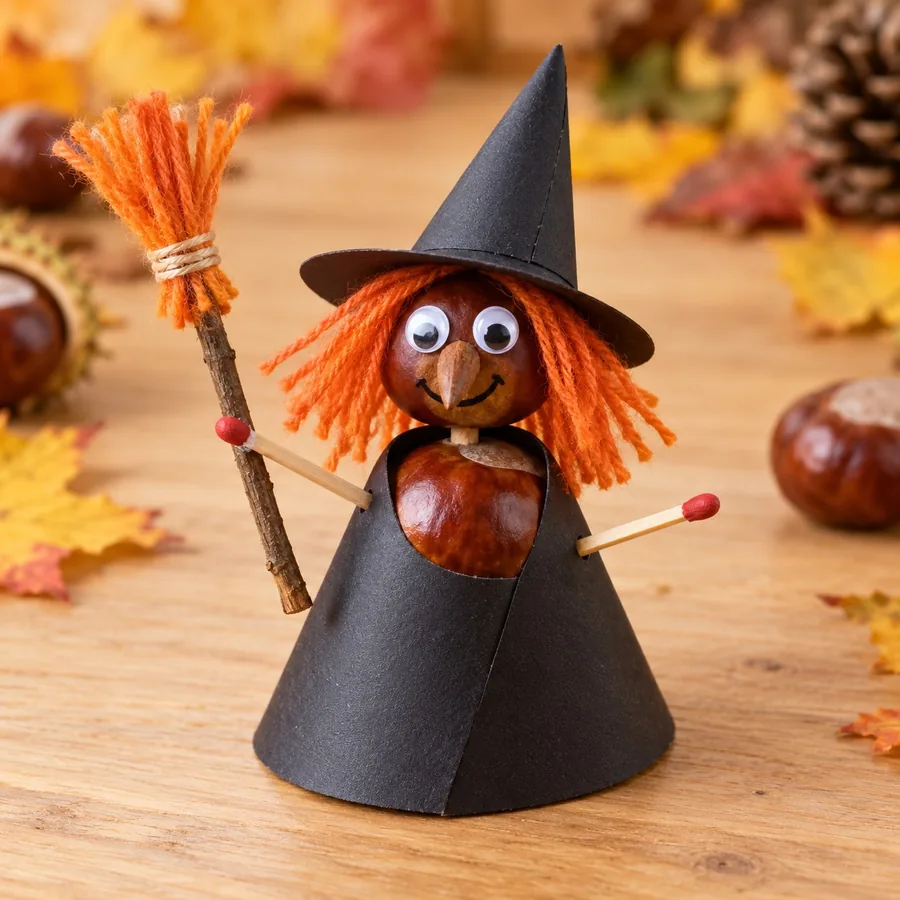 Chestnut witch with a pointed hat, orange yarn hair, a broom and a black construction-paper skirt