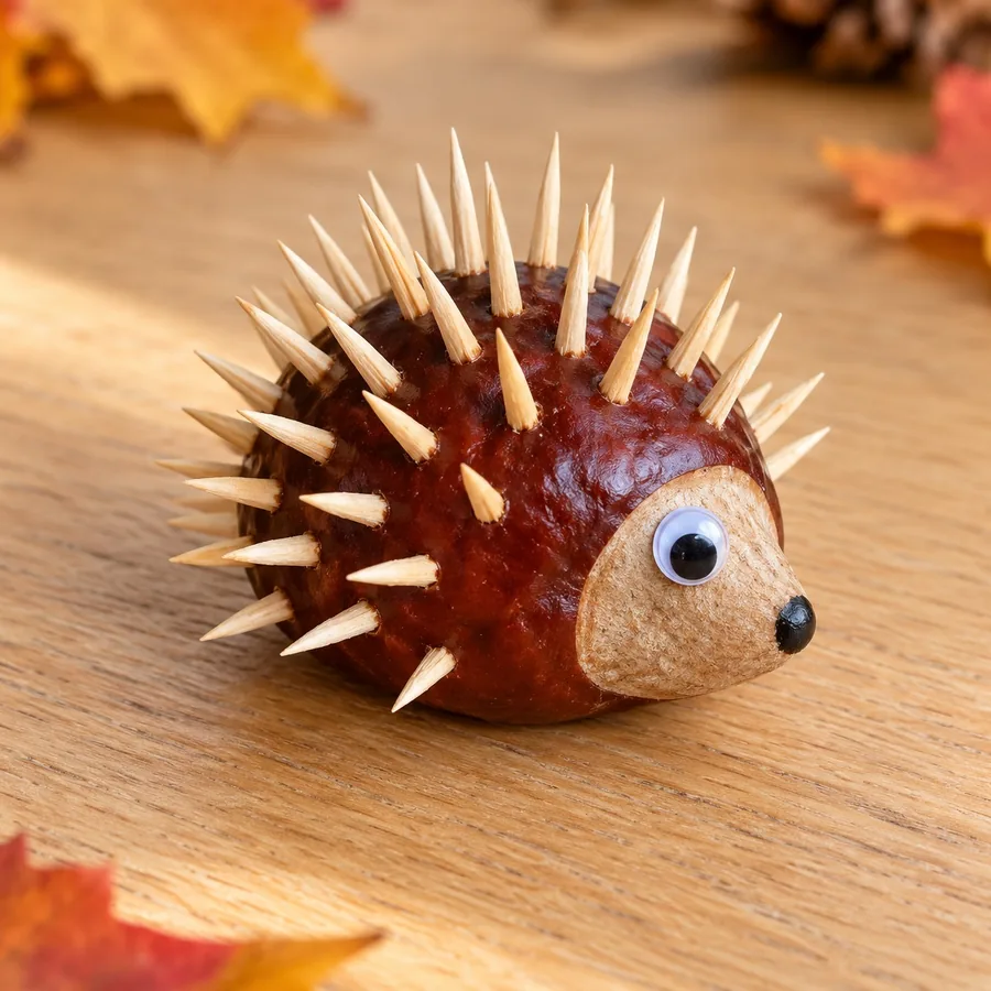 Chestnut hedgehog with prickles made of halved toothpicks and one googly eye