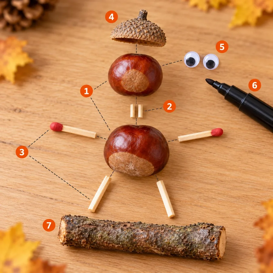Exploded view of the chestnut man with numbered parts: chestnuts, toothpick, matchsticks, acorn cap, googly eyes, felt-tip pen and twig